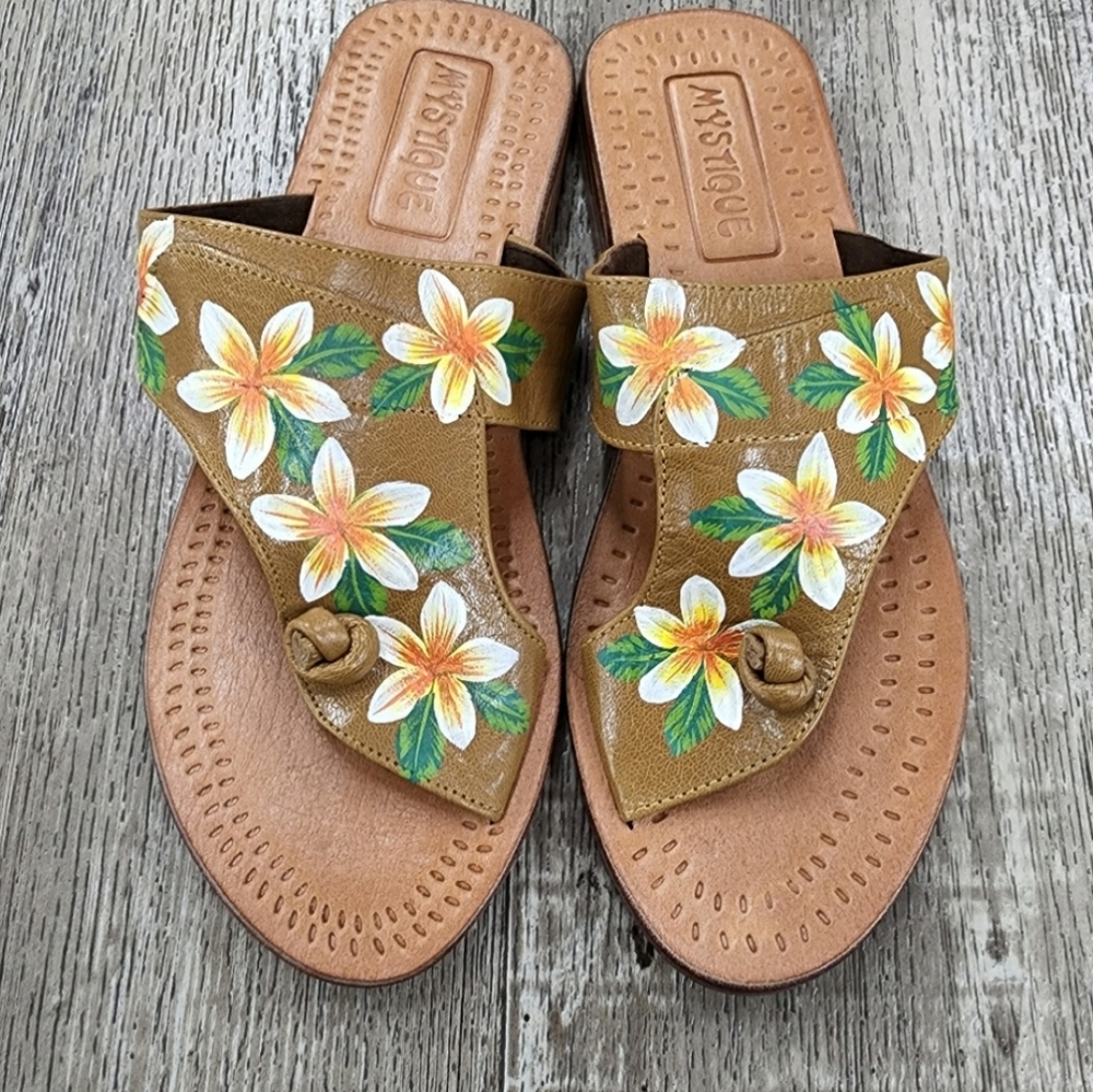 Mystique Hand Painted Leather Thong Orange White Green Flower Sandal 6 new